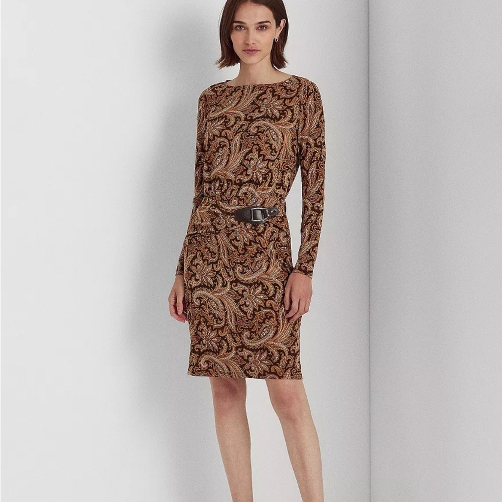 Lauren Ralph Lauren Paisley Buckle-Trim Stretch Jersey Dress Women’s 8 Tan Brown